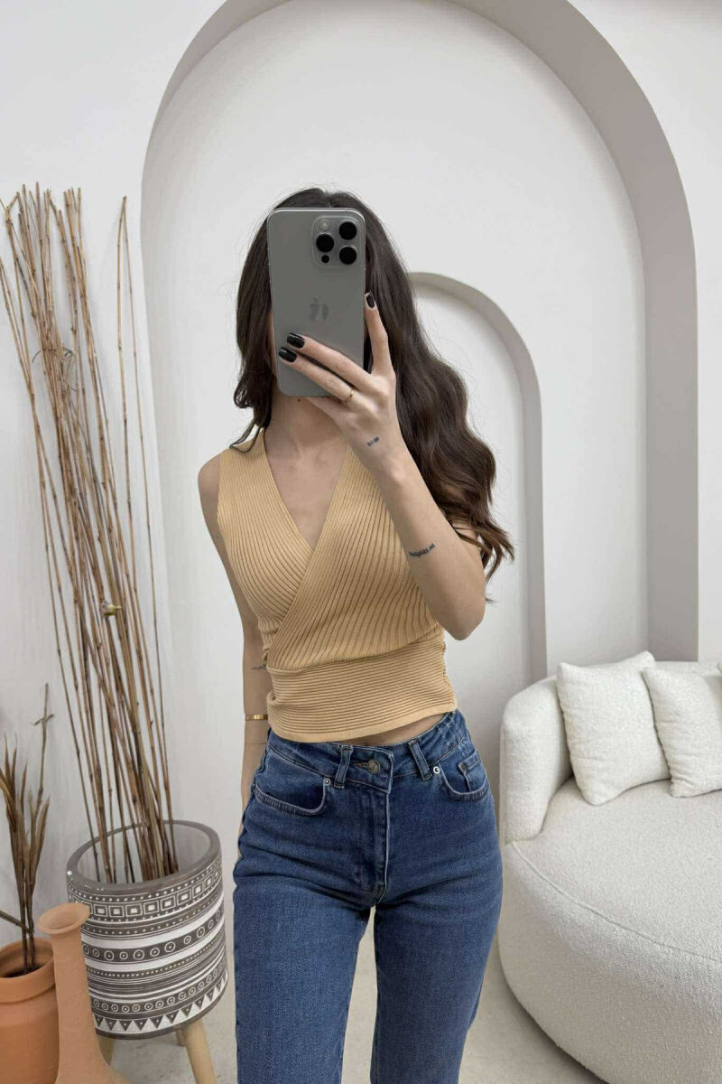 ONE COLOR ELASTIC WOMEN TANK TOP BEIGE/BEZHE - 3