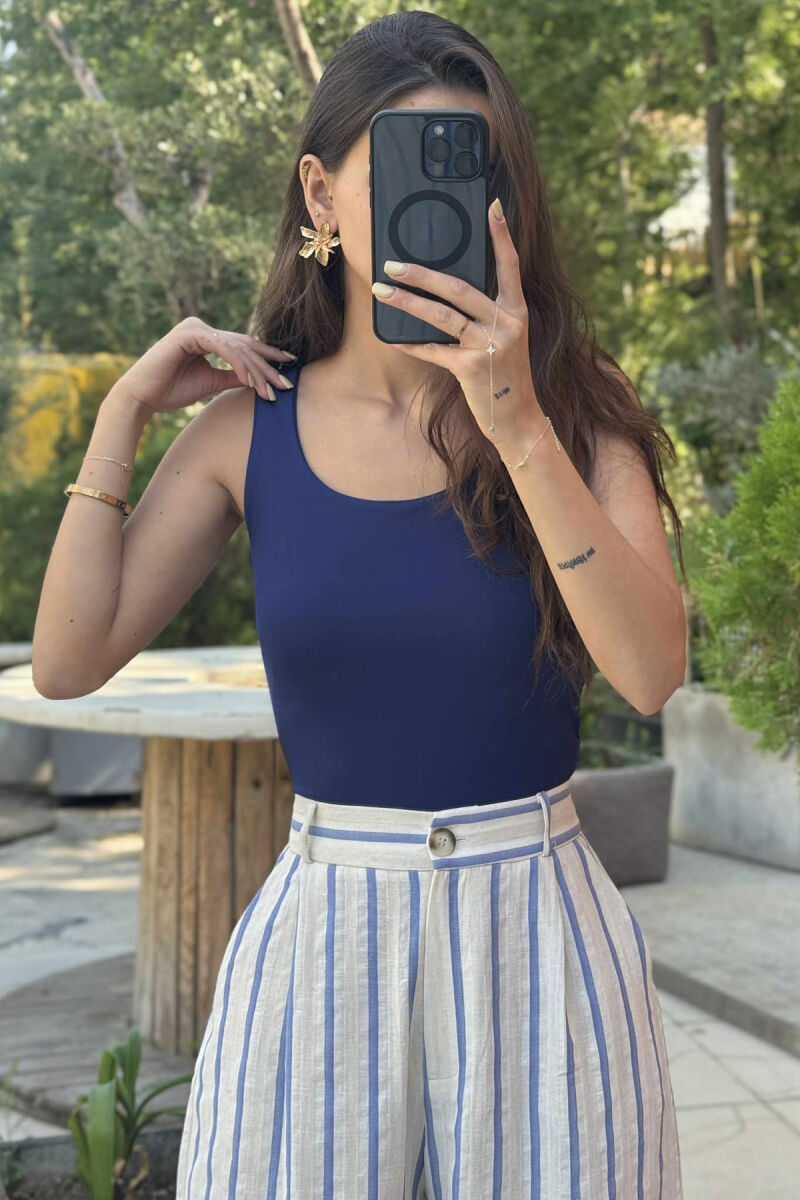 ONE COLOR ELASTIC WOMEN TANK TOP DARK BLUE/BEE - 2