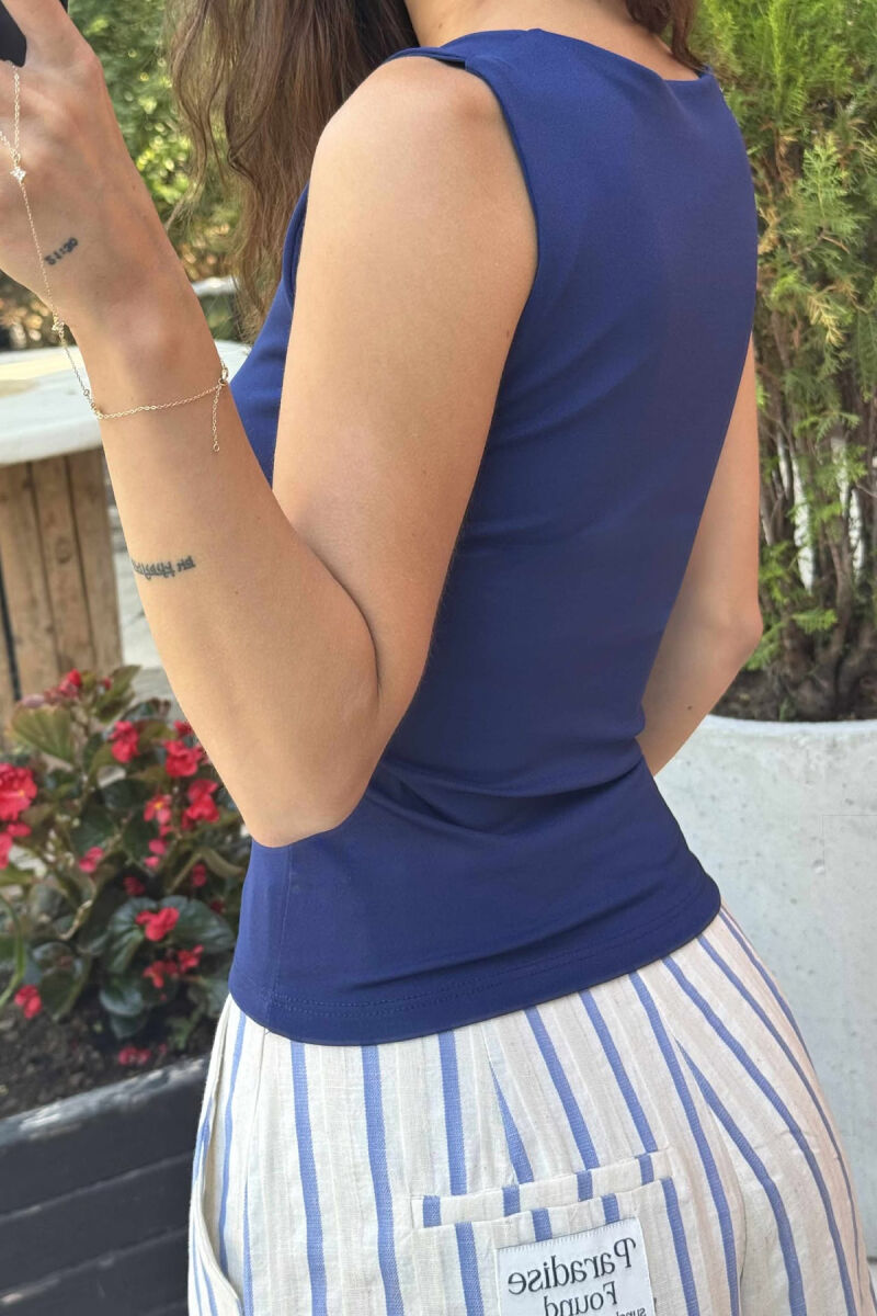 ONE COLOR ELASTIC WOMEN TANK TOP DARK BLUE/BEE - 3