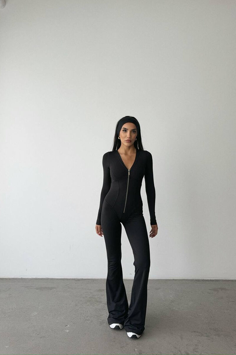 ONE COLOR ELASTIC ZIPPER WOMEN JUMPSUIT BLACK/ E ZEZE - 1
