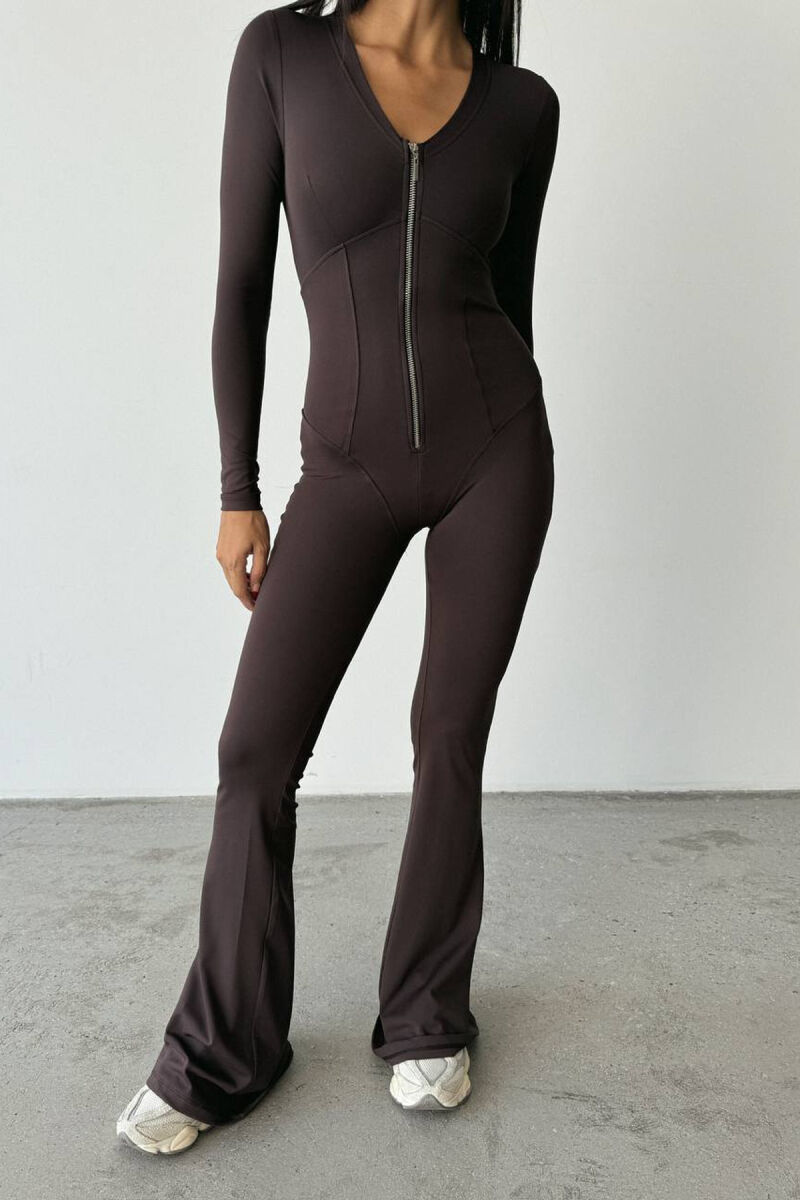 ONE COLOR ELASTIC ZIPPER WOMEN JUMPSUIT BROWN/KAFE - 3