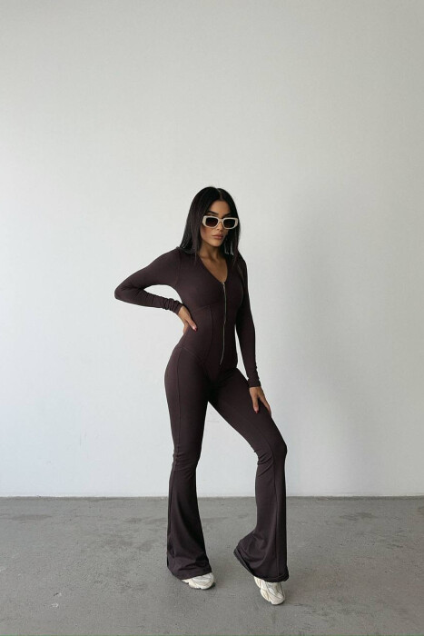 ONE COLOR ELASTIC ZIPPER WOMEN JUMPSUIT BROWN/KAFE - 6