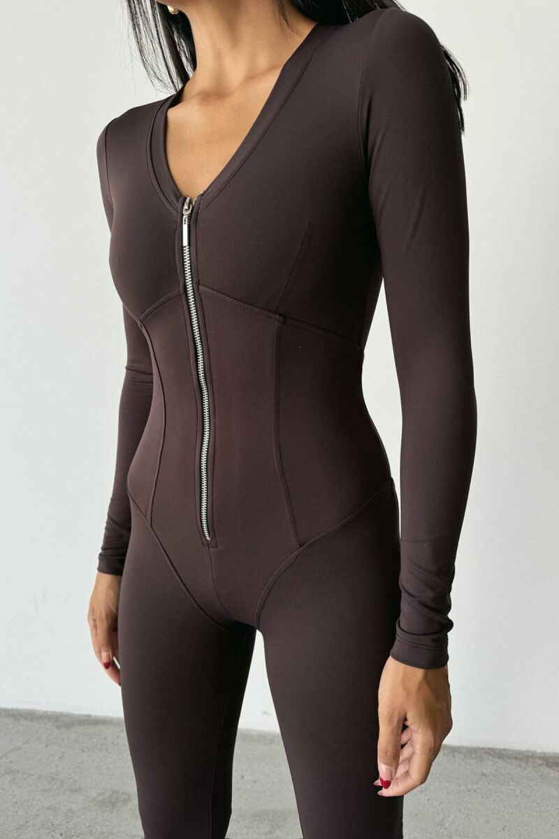 ONE COLOR ELASTIC ZIPPER WOMEN JUMPSUIT BROWN/KAFE - 7