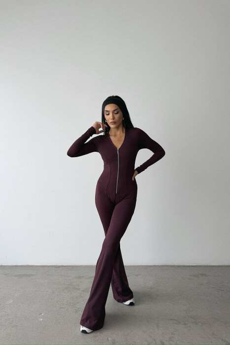 ONE COLOR ELASTIC ZIPPER WOMEN JUMPSUIT BURGUNDY/VISHNJE - 3