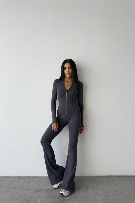 ONE COLOR ELASTIC ZIPPER WOMEN JUMPSUIT DARK GREY/GEE 