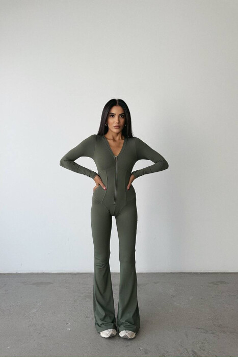ONE COLOR ELASTIC ZIPPER WOMEN JUMPSUIT GREEN/JESHILE 