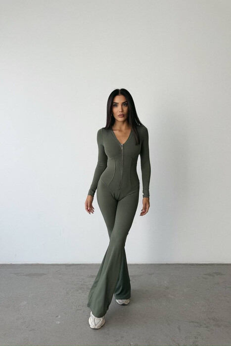 ONE COLOR ELASTIC ZIPPER WOMEN JUMPSUIT GREEN/JESHILE - 2