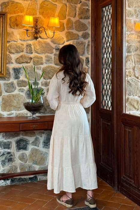 ONE COLOR EMBROIDERED V NECK WOMAN DRESS CREAM/KREM - 4