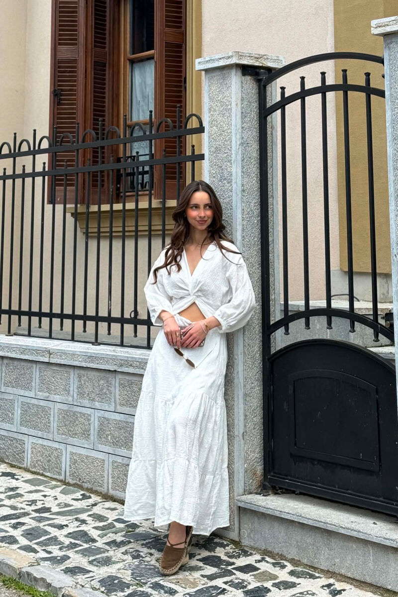 ONE COLOR EMBROIDERED V NECK WOMAN DRESS WHITE-E BARDHE - 2