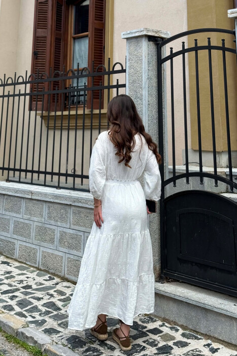 ONE COLOR EMBROIDERED V NECK WOMAN DRESS WHITE-E BARDHE - 4