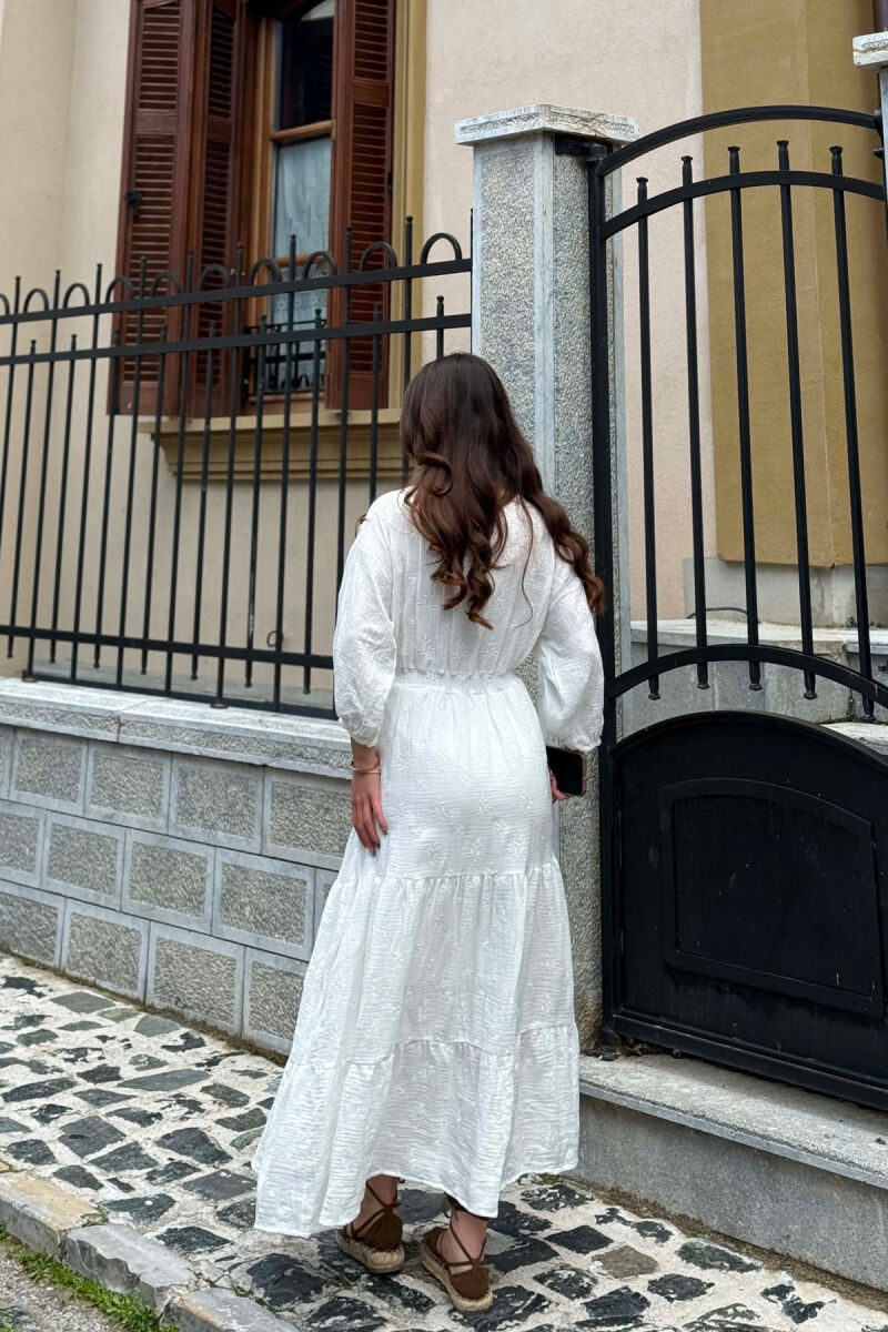 ONE COLOR EMBROIDERED V NECK WOMAN DRESS WHITE-E BARDHE - 4