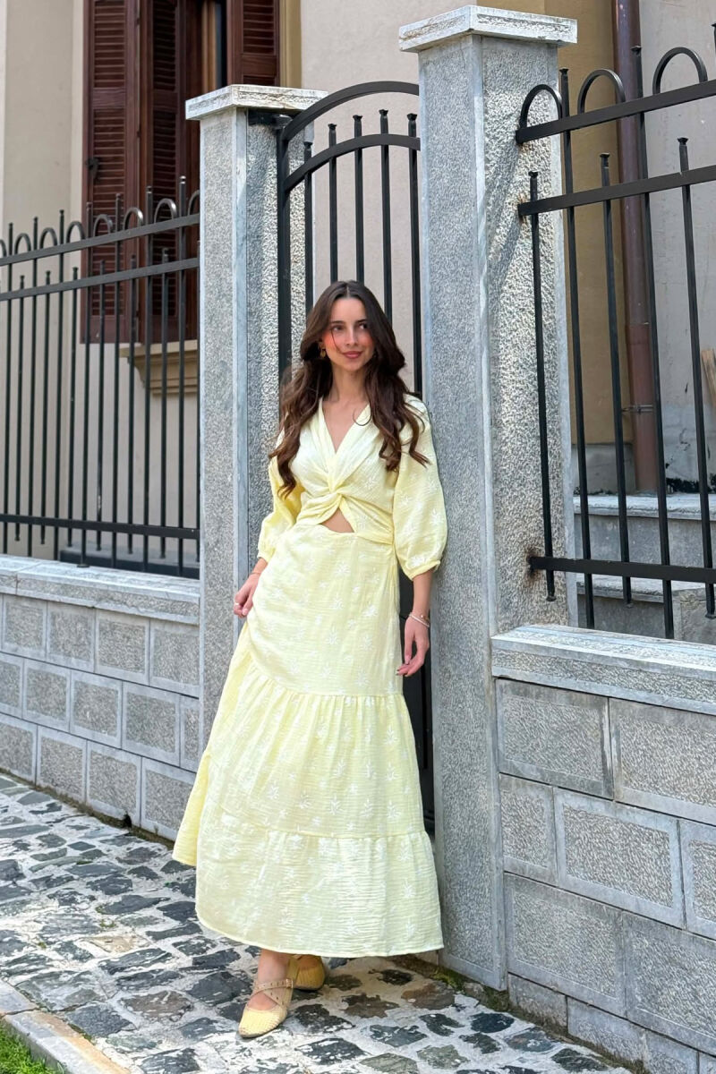 ONE COLOR EMBROIDERED V NECK WOMAN DRESS YELLOW/E VERDHE - 5