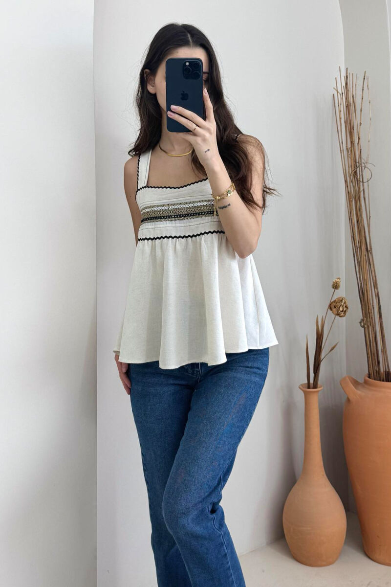 ONE COLOR EMBROIDERED WOMEN TANK TOP CREAM/KREM - 4
