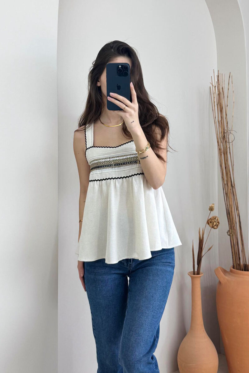 ONE COLOR EMBROIDERED WOMEN TANK TOP CREAM/KREM - 5