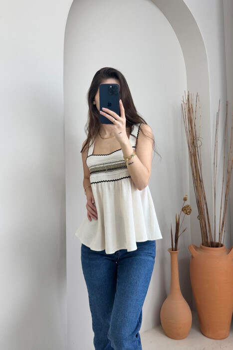 ONE COLOR EMBROIDERED WOMEN TANK TOP CREAM/KREM - 7