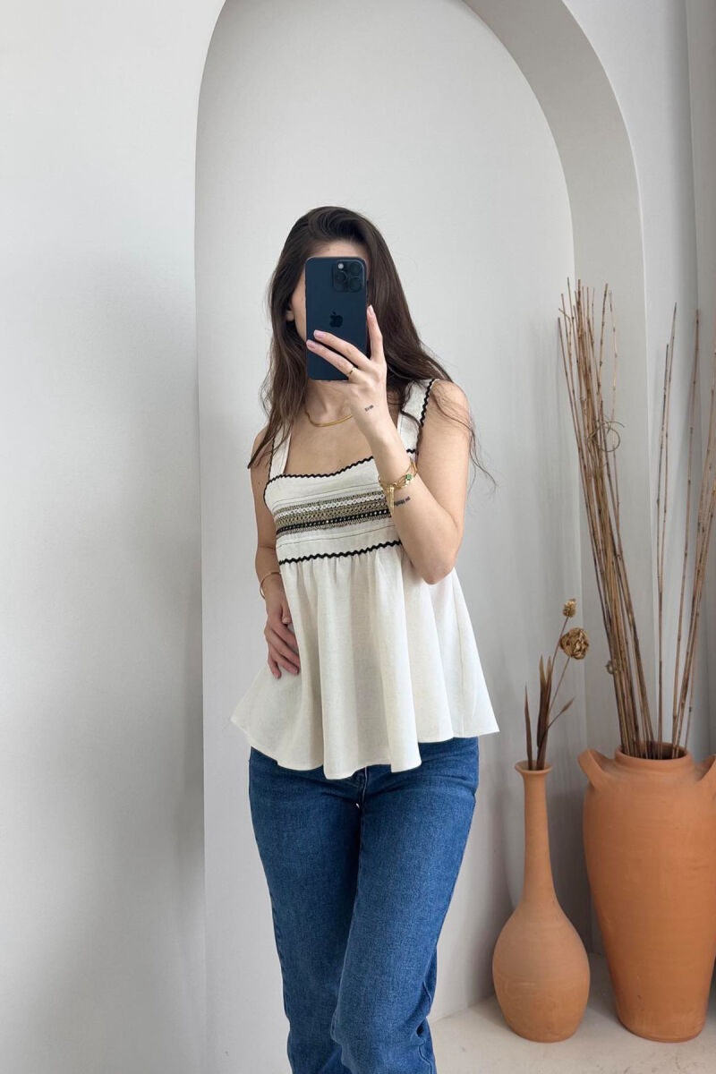 ONE COLOR EMBROIDERED WOMEN TANK TOP CREAM/KREM - 7