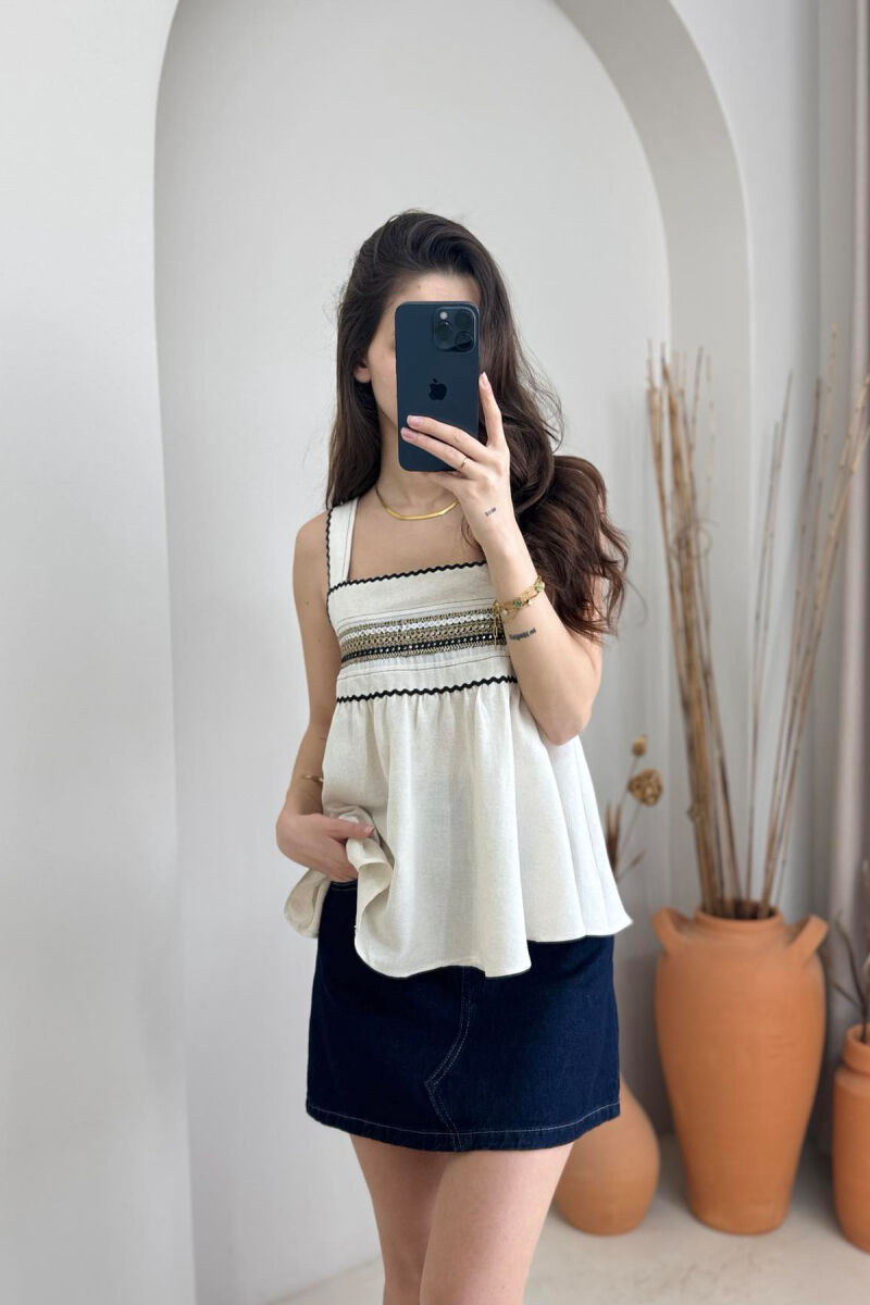 ONE COLOR EMBROIDERED WOMEN TANK TOP CREAM/KREM - 8