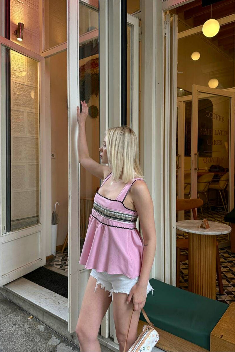 ONE COLOR EMBROIDERED WOMEN TANK TOP PINK/ROZE - 3