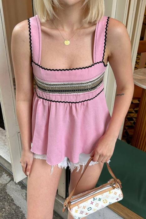ONE COLOR EMBROIDERED WOMEN TANK TOP PINK/ROZE - 7