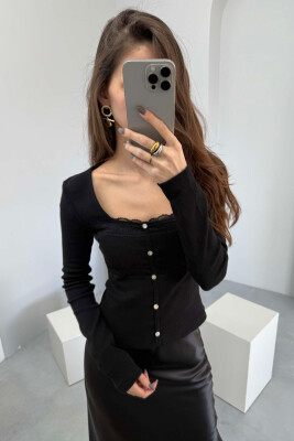 ONE COLOR FAKE BUTTONS SQUARE NECK WOMEN SWEATSHIRT BLACK/ E ZEZE 