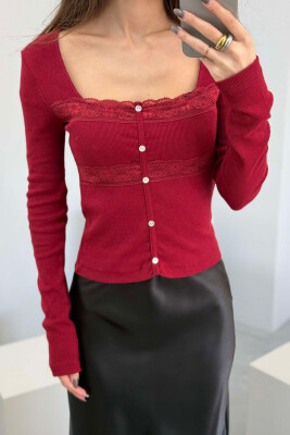 ONE COLOR FAKE BUTTONS SQUARE NECK WOMEN SWEATSHIRT BURGUNDY/VISHNJE 