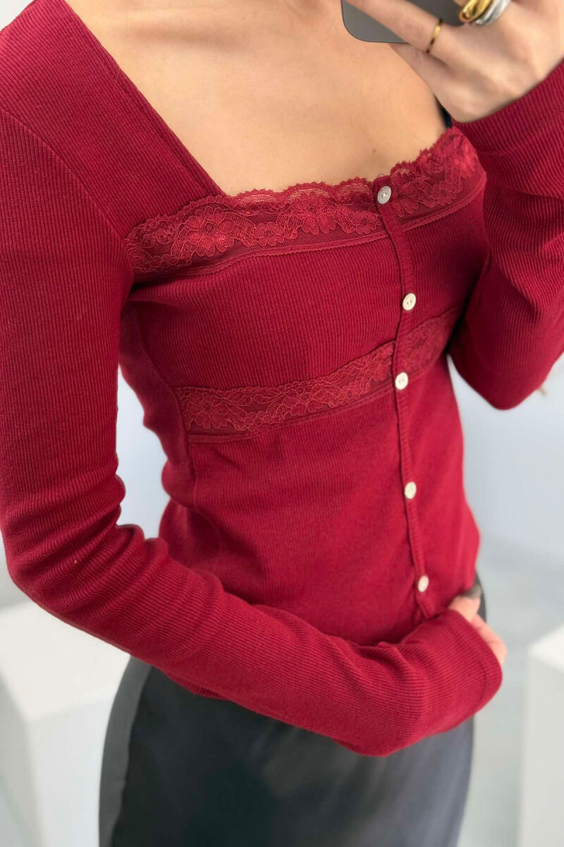 ONE COLOR FAKE BUTTONS SQUARE NECK WOMEN SWEATSHIRT BURGUNDY/VISHNJE - 3