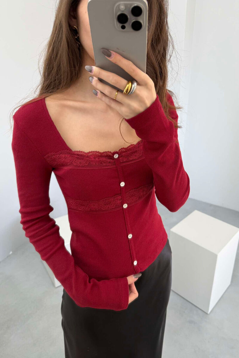 ONE COLOR FAKE BUTTONS SQUARE NECK WOMEN SWEATSHIRT BURGUNDY/VISHNJE - 4