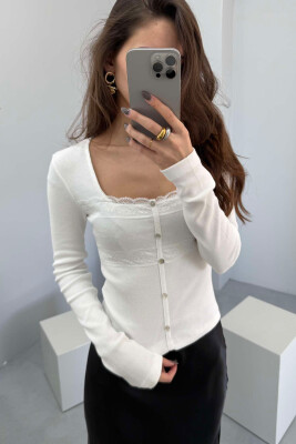 ONE COLOR FAKE BUTTONS SQUARE NECK WOMEN SWEATSHIRT WHITE-E BARDHE 