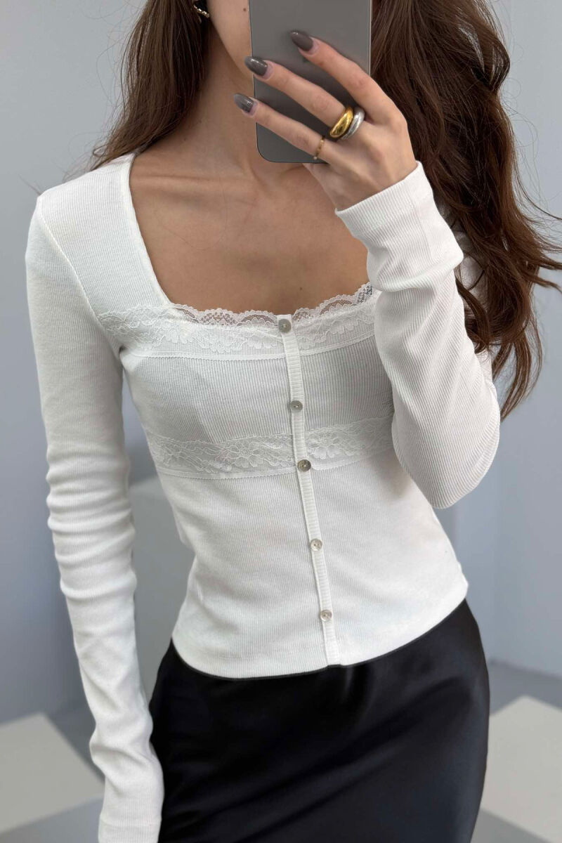 ONE COLOR FAKE BUTTONS SQUARE NECK WOMEN SWEATSHIRT WHITE-E BARDHE - 2