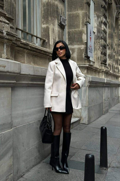 ONE COLOR FAKE POCKETS WOMEN COAT CREAM/KREM - 1