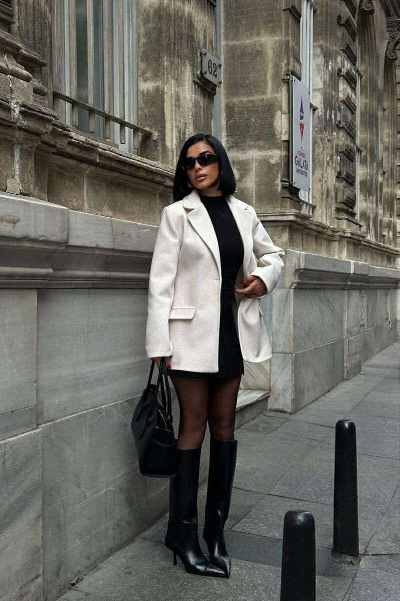 ONE COLOR FAKE POCKETS WOMEN COAT CREAM/KREM - 1