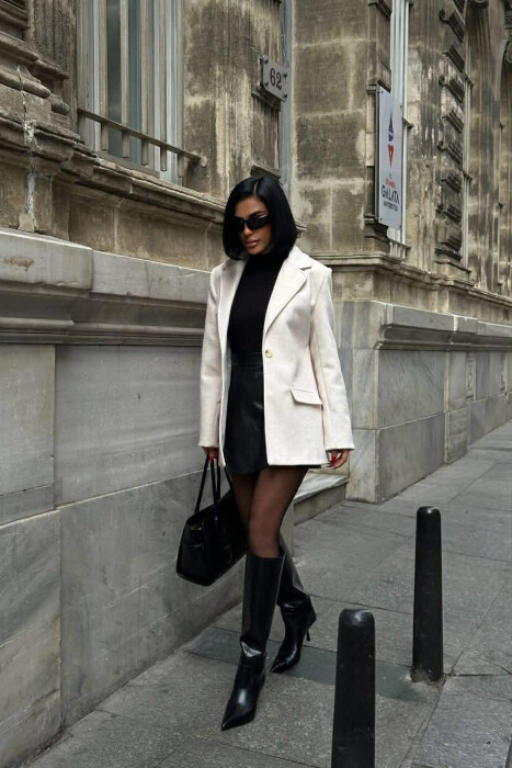 ONE COLOR FAKE POCKETS WOMEN COAT CREAM/KREM - 3