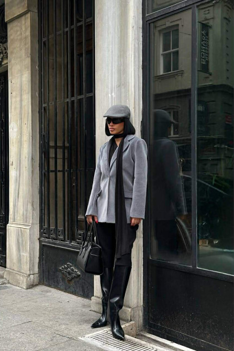 ONE COLOR FAKE POCKETS WOMEN COAT GREY/GRI - KLAUDIO FASHION