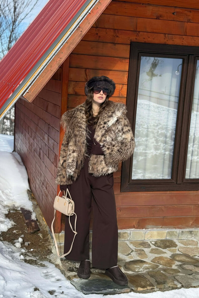 ONE COLOR FAUX FOUR WOMAN COAT BROWN/KAFE - 9