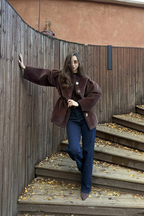 ONE COLOR FAUX FUR ELASTIC WAIST WOMEN JACKET BROWN/KAFE - KLAUDIO FASHION