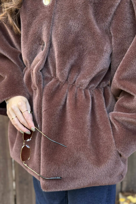 ONE COLOR FAUX FUR ELASTIC WAIST WOMEN JACKET BROWN/KAFE - 2