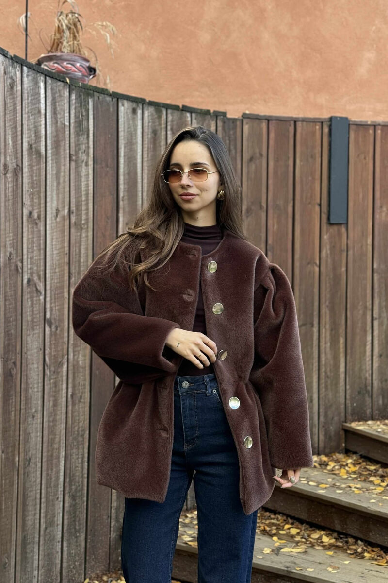 ONE COLOR FAUX FUR ELASTIC WAIST WOMEN JACKET BROWN/KAFE - 3