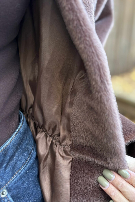 ONE COLOR FAUX FUR ELASTIC WAIST WOMEN JACKET BROWN/KAFE - 4