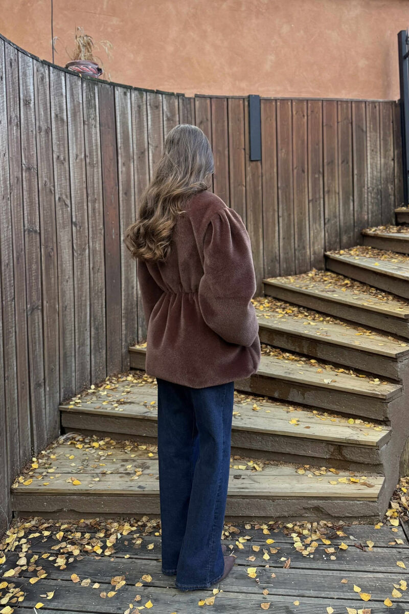 ONE COLOR FAUX FUR ELASTIC WAIST WOMEN JACKET BROWN/KAFE - 5