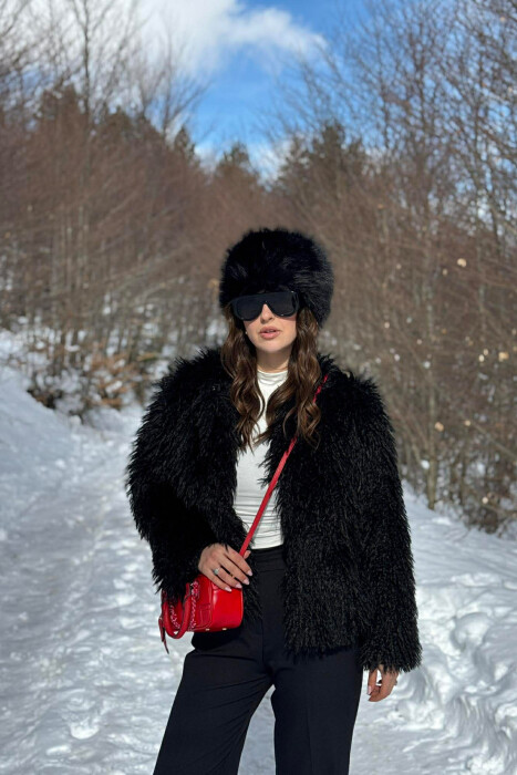 ONE COLOR FAUX FUR WOMAN COAT BLACK/ E ZEZE - 3