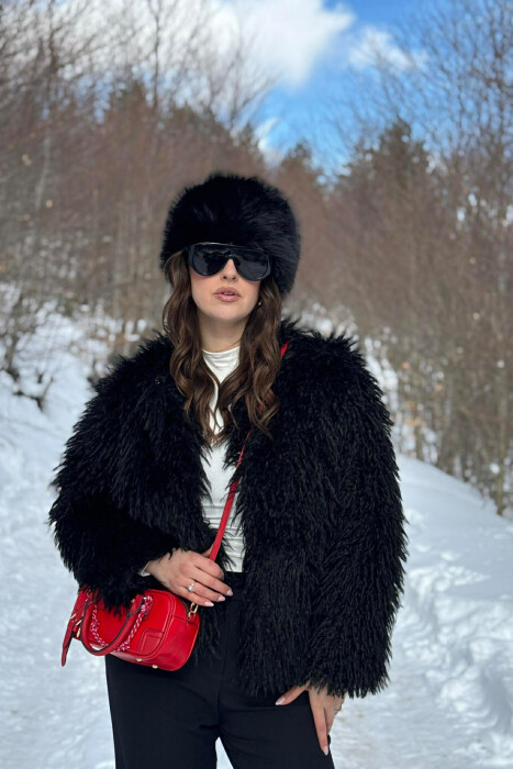 ONE COLOR FAUX FUR WOMAN COAT BLACK/ E ZEZE 