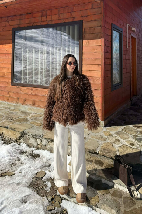 ONE COLOR FAUX FUR WOMAN COAT BROWN/KAFE - 1