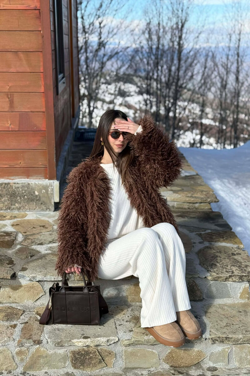 ONE COLOR FAUX FUR WOMAN COAT BROWN/KAFE - 3