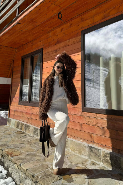 ONE COLOR FAUX FUR WOMAN COAT BROWN/KAFE - 4