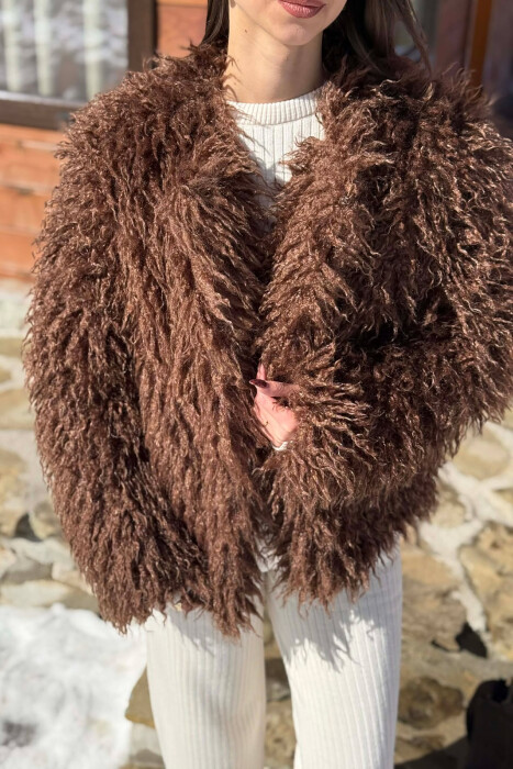 ONE COLOR FAUX FUR WOMAN COAT BROWN/KAFE - 5