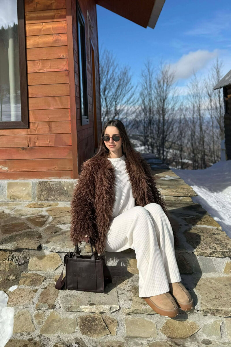 ONE COLOR FAUX FUR WOMAN COAT BROWN/KAFE - 6