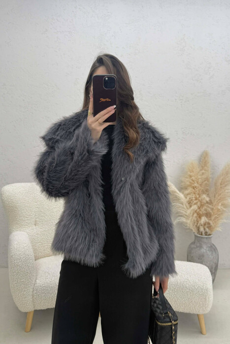 ONE COLOR FAUX FUR WOMAN COAT DARK GREY/GEE 