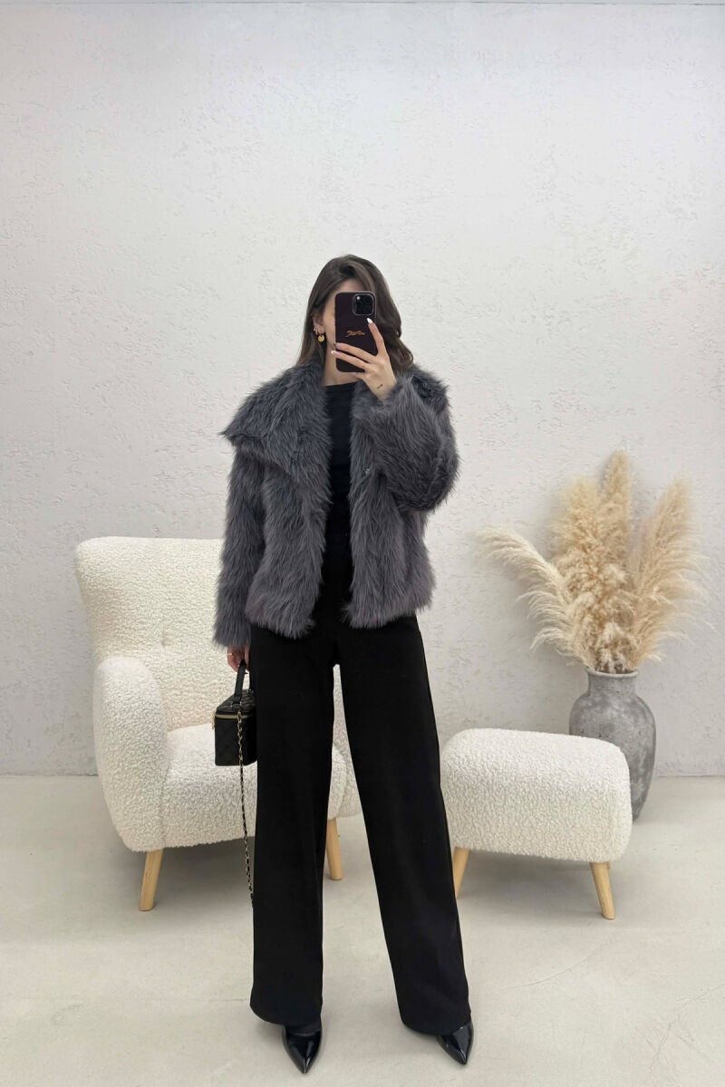 ONE COLOR FAUX FUR WOMAN COAT DARK GREY/GEE - 2