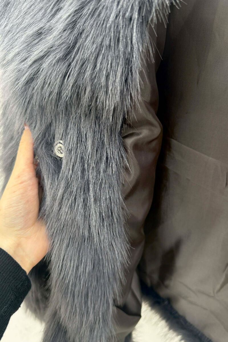 ONE COLOR FAUX FUR WOMAN COAT DARK GREY/GEE - 3