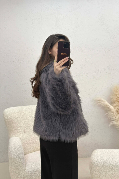 ONE COLOR FAUX FUR WOMAN COAT DARK GREY/GEE - 4